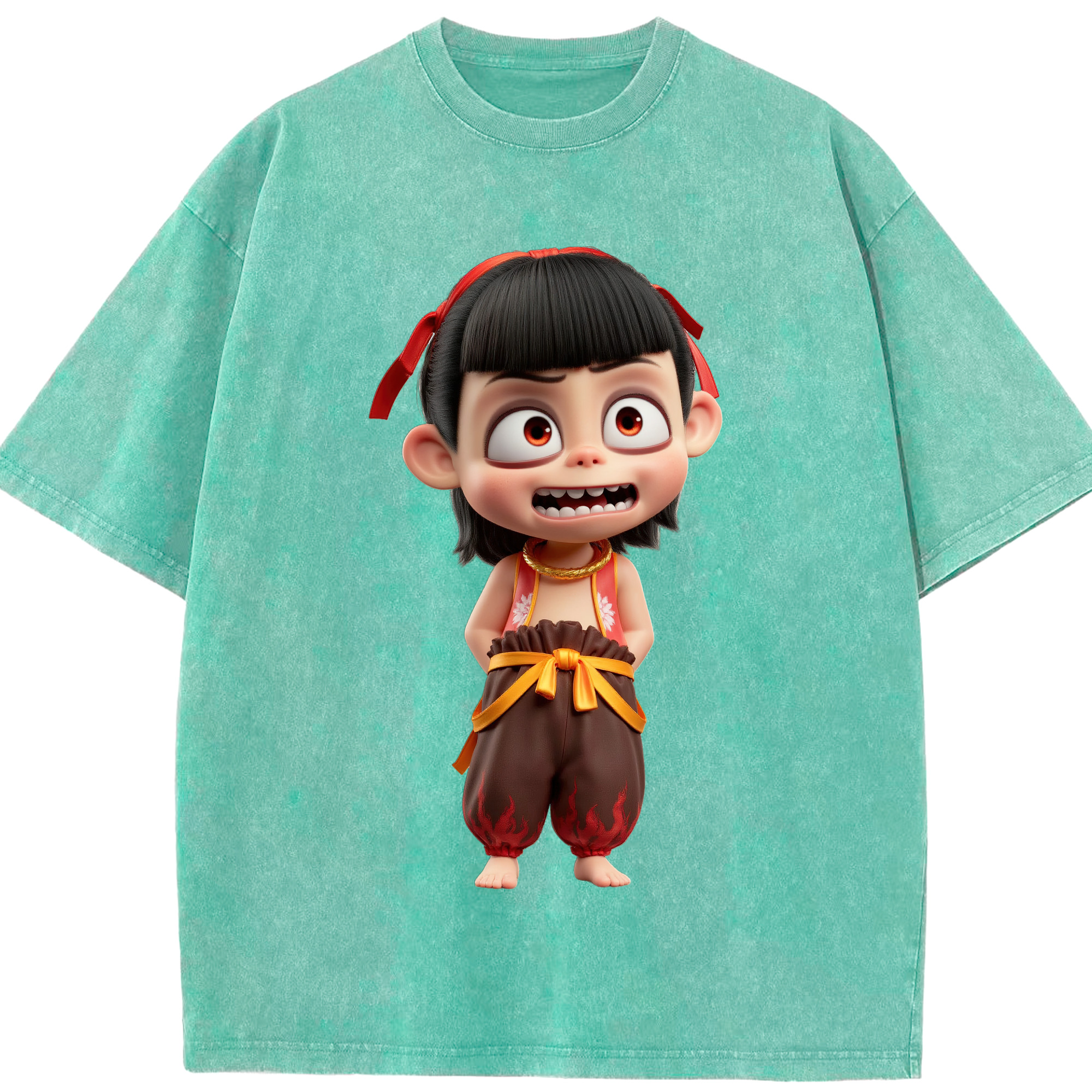 （画像用） Ne Zha 2 ナタ 魔童の大暴れ 綿100% ヴィンテージ風 半袖Tシャツ（フロントプリント）